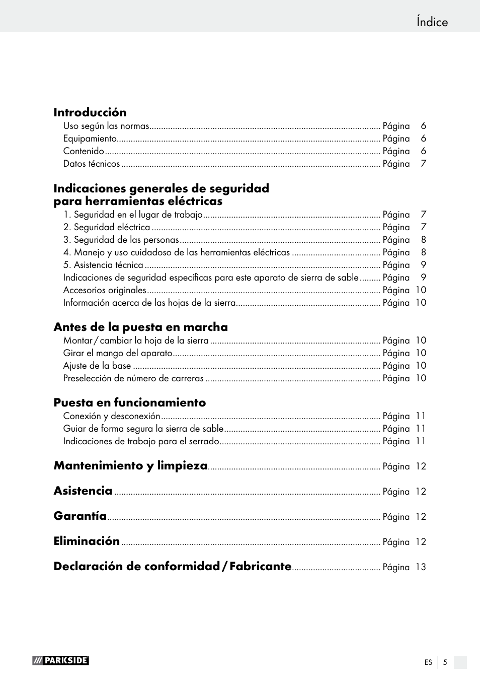 Índice | Parkside PFS 710 A1 User Manual | Page 5 / 54