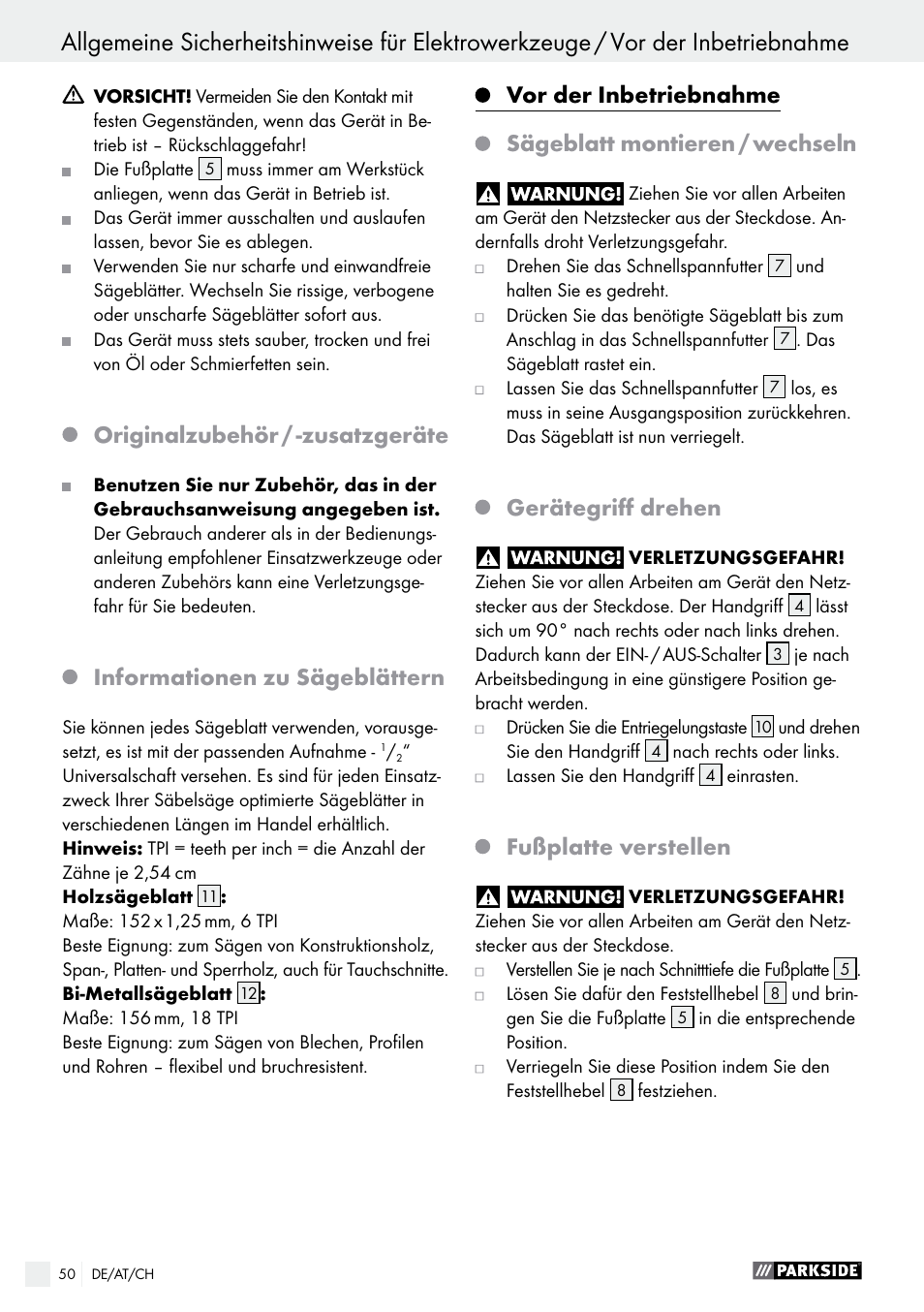 Originalzubehör / -zusatzgeräte, Informationen zu sägeblättern, Vor der inbetriebnahme | Sägeblatt montieren / wechseln, Gerätegriff drehen, Fußplatte verstellen | Parkside PFS 710 A1 User Manual | Page 50 / 54