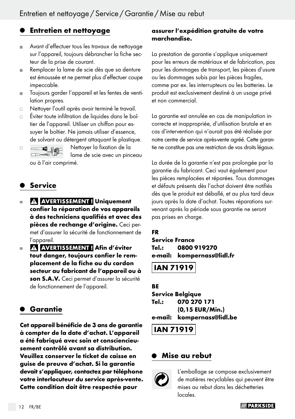 Entretien et nettoyage, Service, Garantie | Mise au rebut | Parkside PFS 710 A1 User Manual | Page 12 / 44