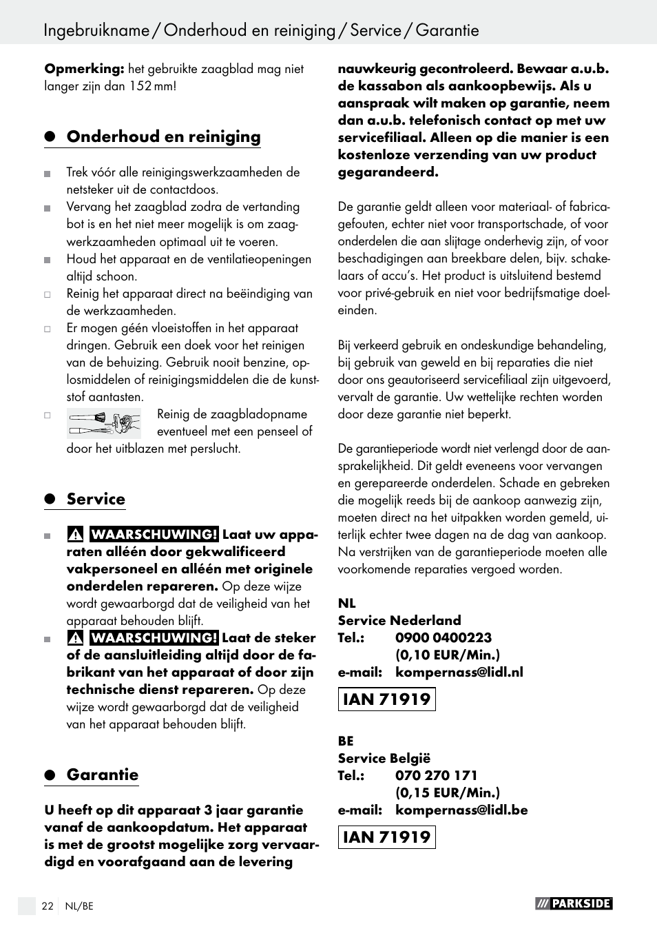 Onderhoud en reiniging, Service, Garantie | Parkside PFS 710 A1 User Manual | Page 22 / 44