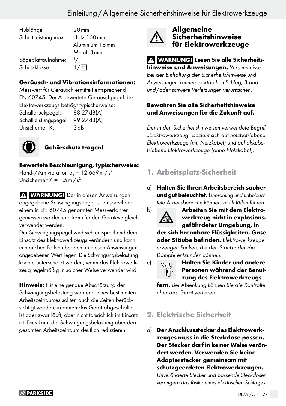 Arbeitsplatz-sicherheit, Elektrische sicherheit | Parkside PFS 710 A1 User Manual | Page 27 / 44