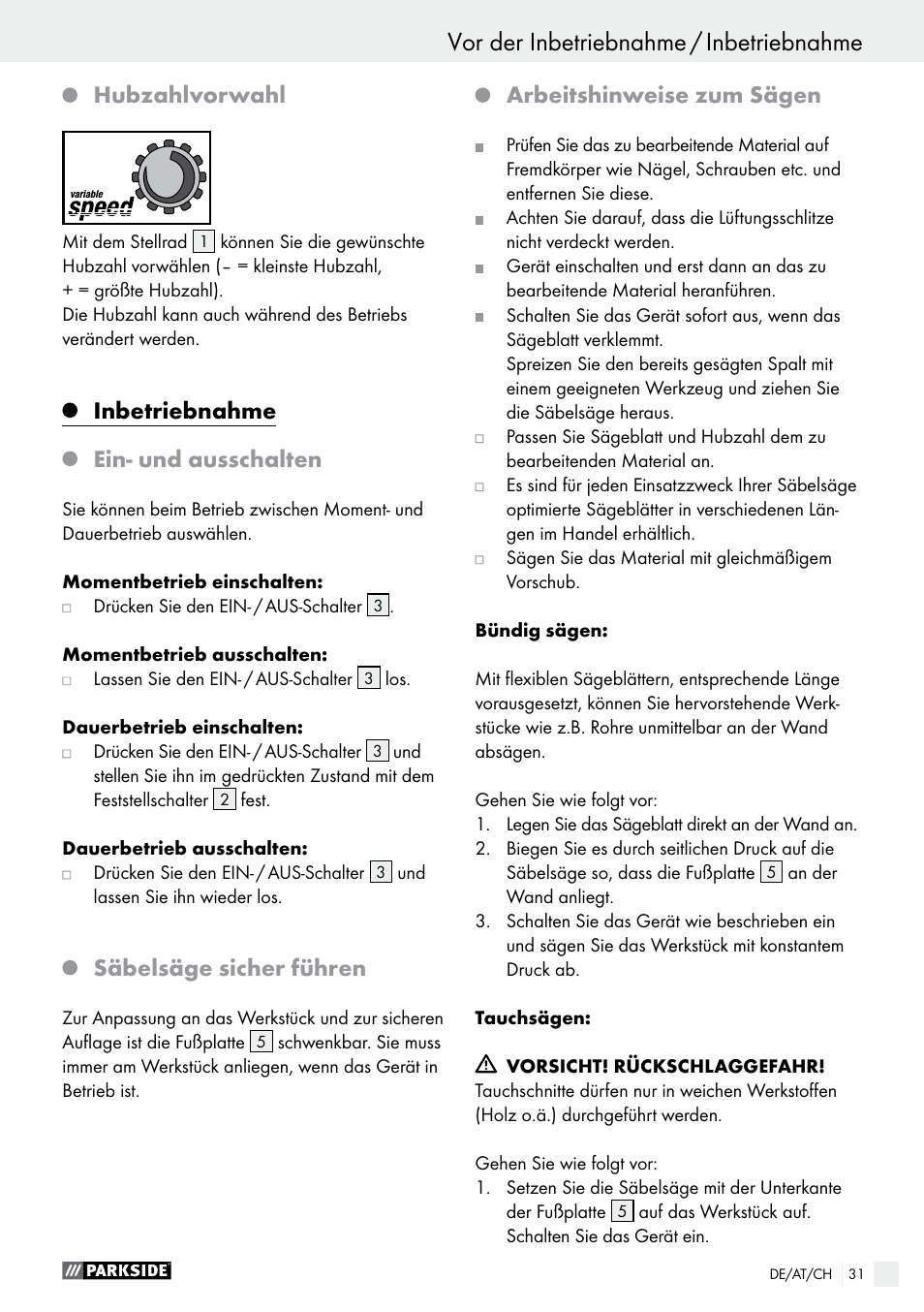Hubzahlvorwahl, Inbetriebnahme, Ein- und ausschalten | Säbelsäge sicher führen, Arbeitshinweise zum sägen | Parkside PFS 710 A1 User Manual | Page 31 / 44