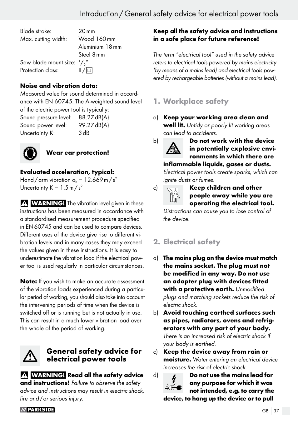 Introduction, General safety advice for electrical power tools, Workplace safety | Electrical safety | Parkside PFS 710 A1 User Manual | Page 37 / 44