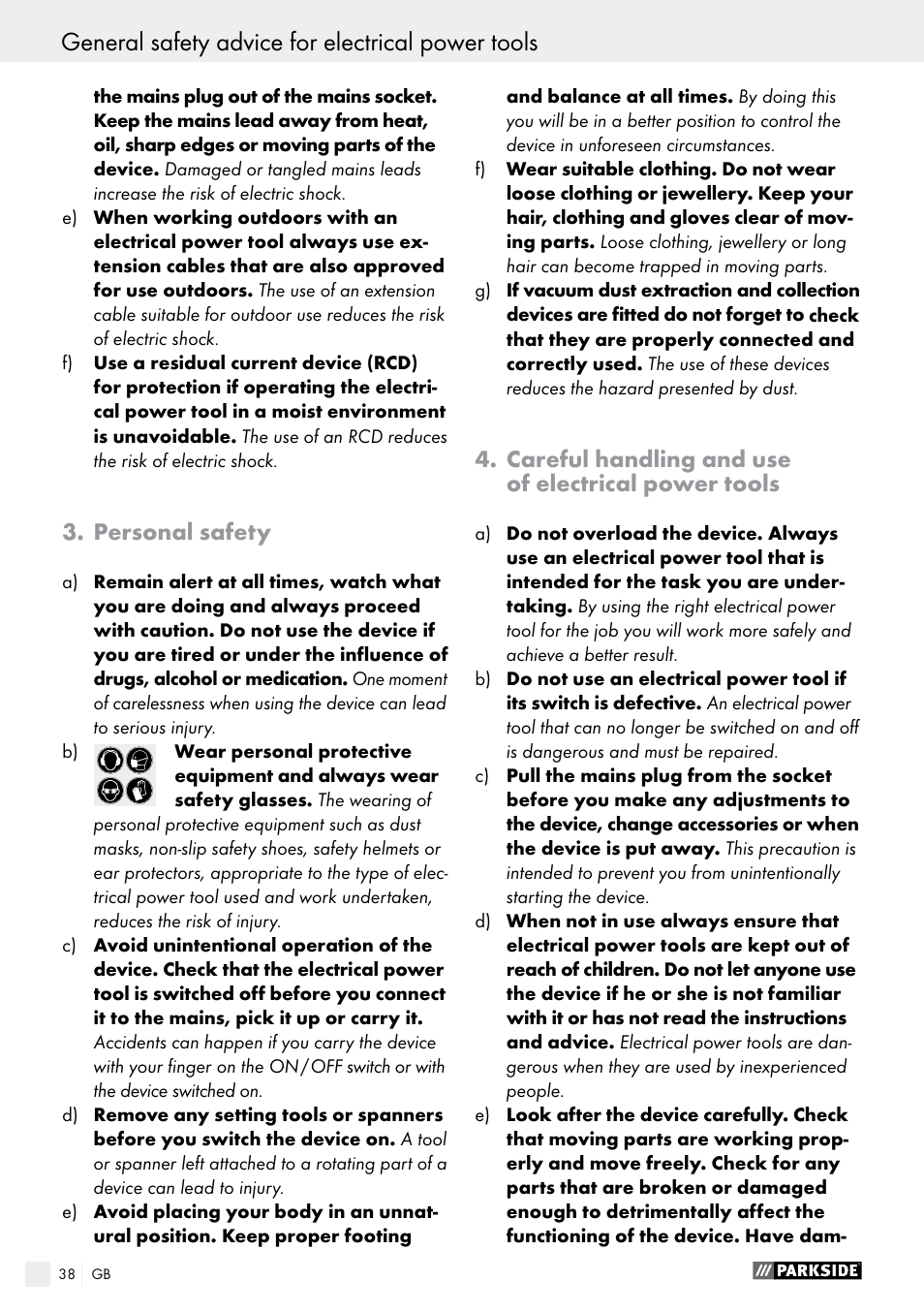 General safety advice for electrical power tools, Personal safety, Careful handling and use of electrical power tools | Parkside PFS 710 A1 User Manual | Page 38 / 44