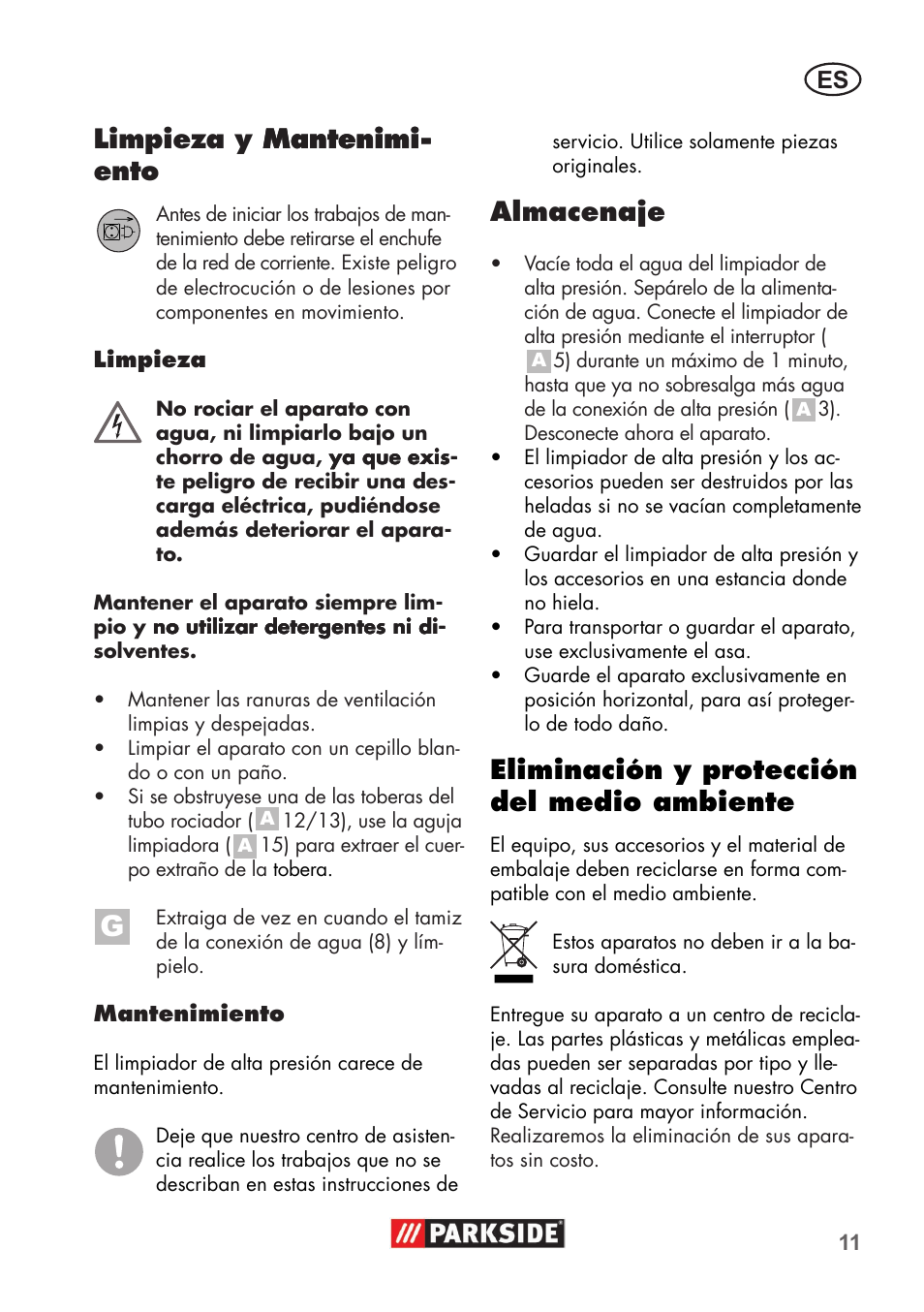 Limpieza y �antenimi� �antenimi� ento, Almacenaje, Eliminación y protección del medio ambiente | Parkside PHD 100 B2 User Manual | Page 11 / 68