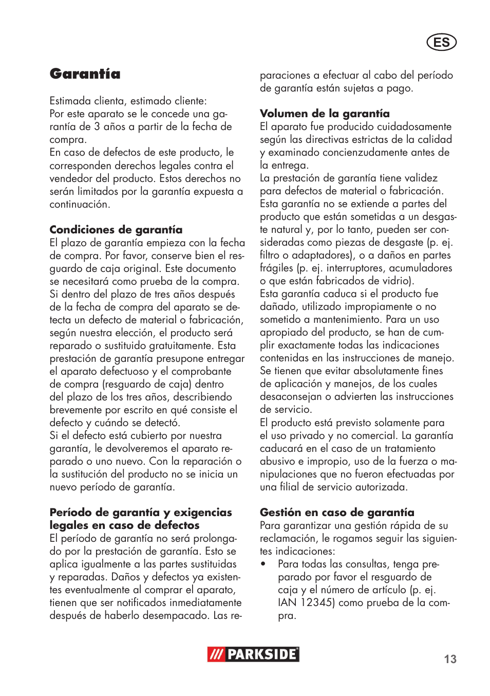 Garantía | Parkside PHD 100 B2 User Manual | Page 13 / 68