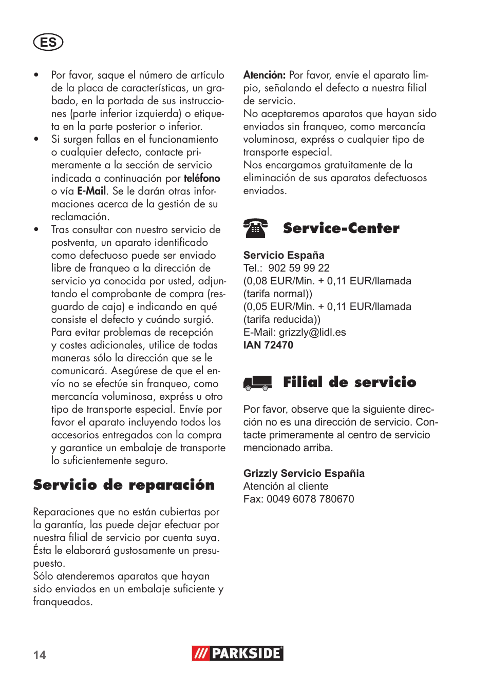 Servicio de reparación, Service�center, Filial de servicio | Parkside PHD 100 B2 User Manual | Page 14 / 68
