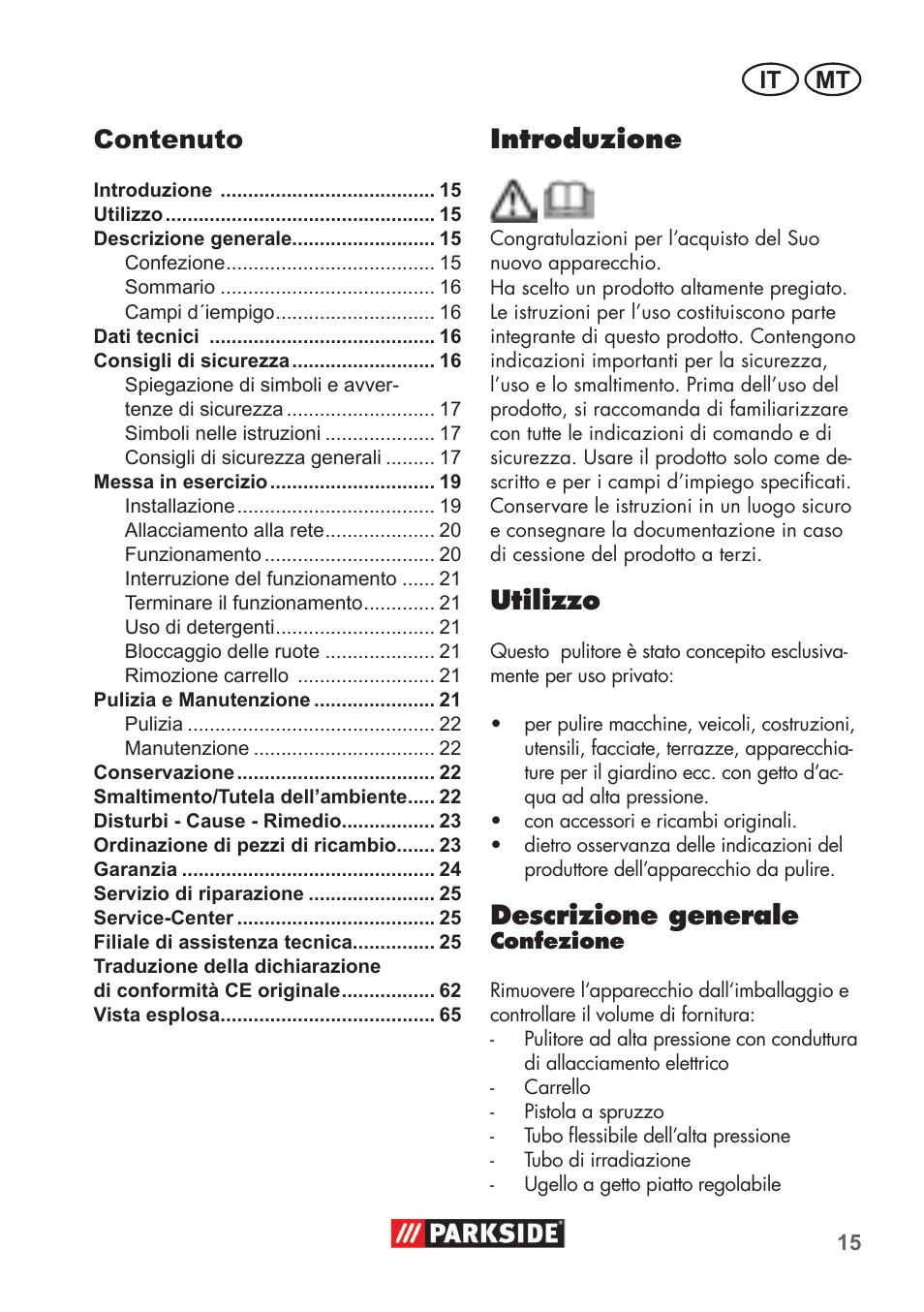 Introduzione, Utilizzo, Descrizione generale | Contenuto, It mt | Parkside PHD 100 B2 User Manual | Page 15 / 68