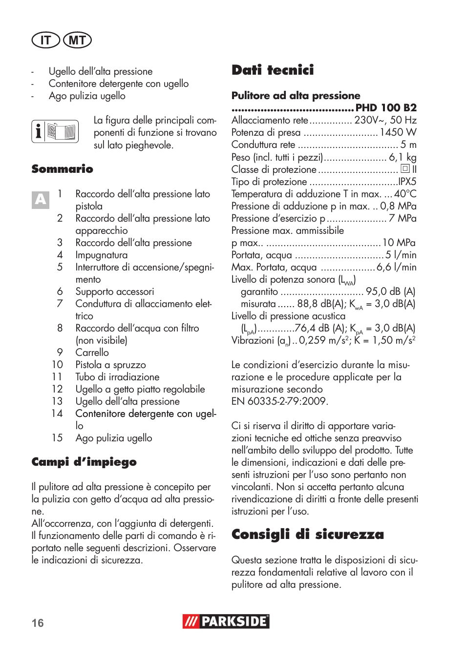 Dati tecnici, Consigli di sicurezza, It mt | Parkside PHD 100 B2 User Manual | Page 16 / 68