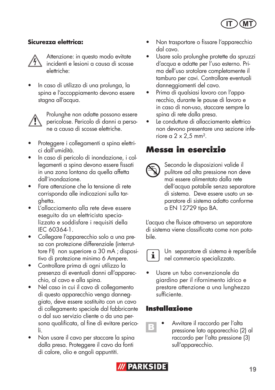 Essa in esercizio, It mt | Parkside PHD 100 B2 User Manual | Page 19 / 68
