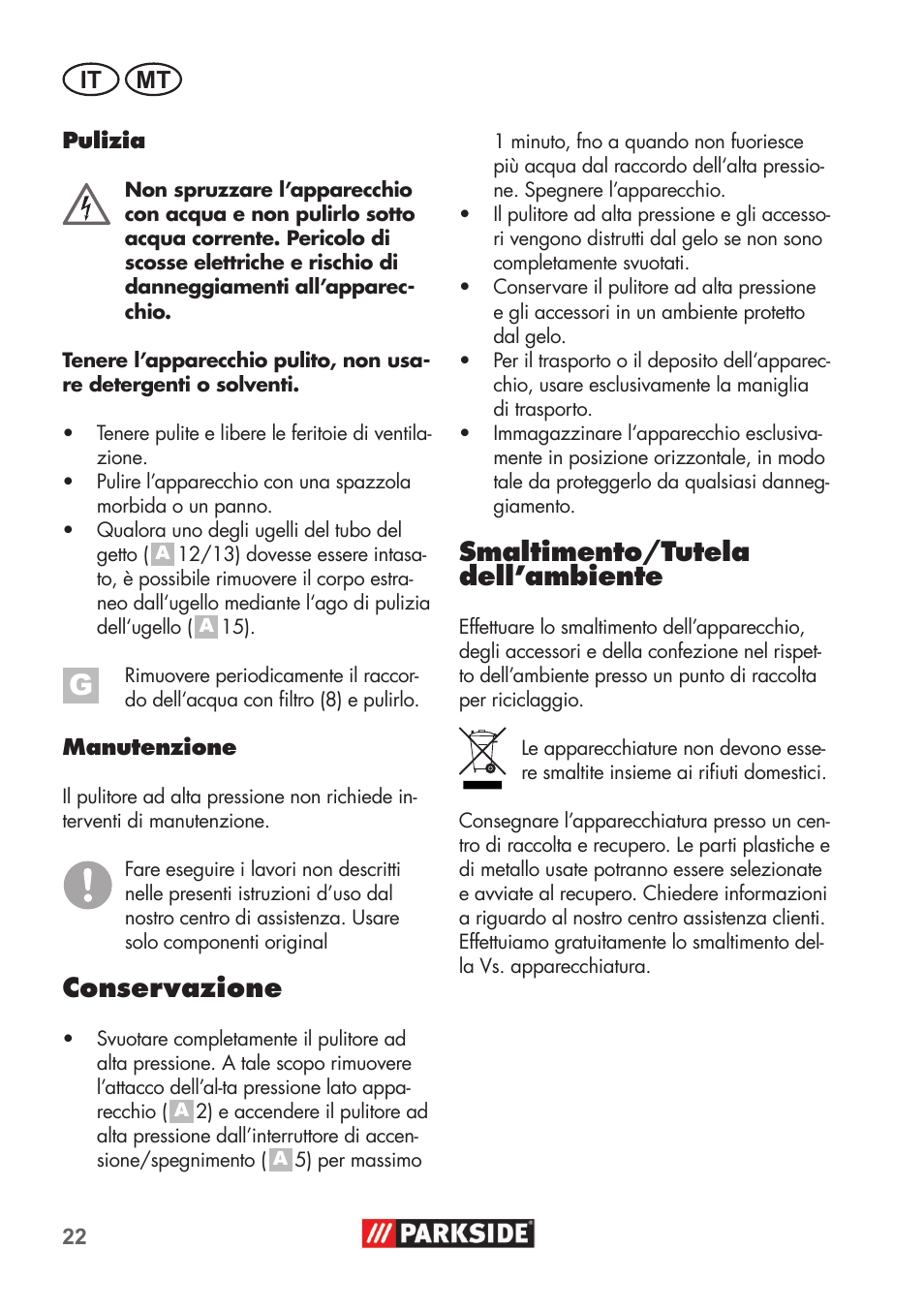 Conservazione, Smaltimento/tutela dell’ambiente, It mt | Parkside PHD 100 B2 User Manual | Page 22 / 68
