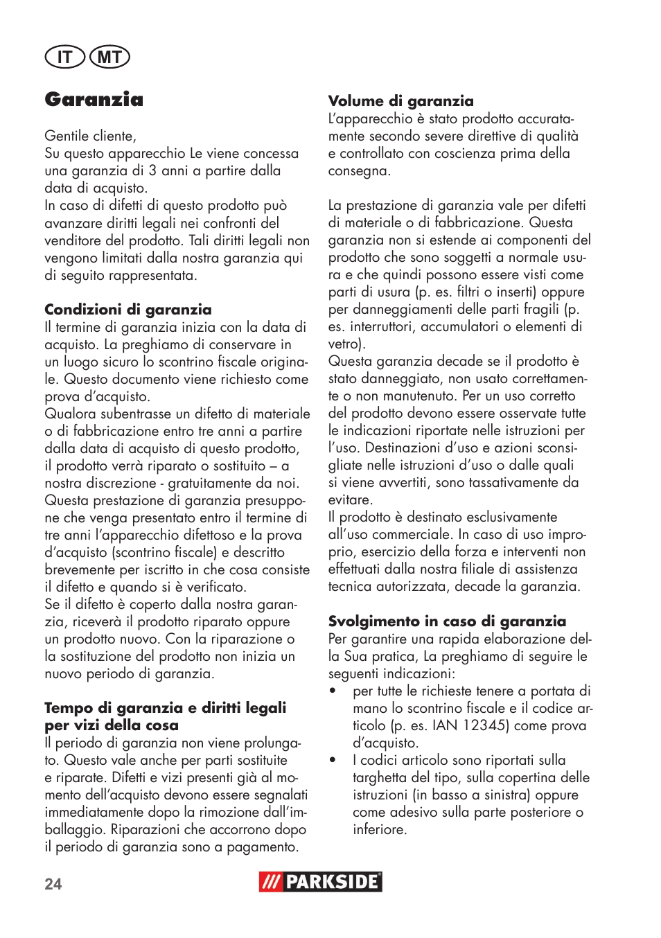 Garanzia, It mt | Parkside PHD 100 B2 User Manual | Page 24 / 68