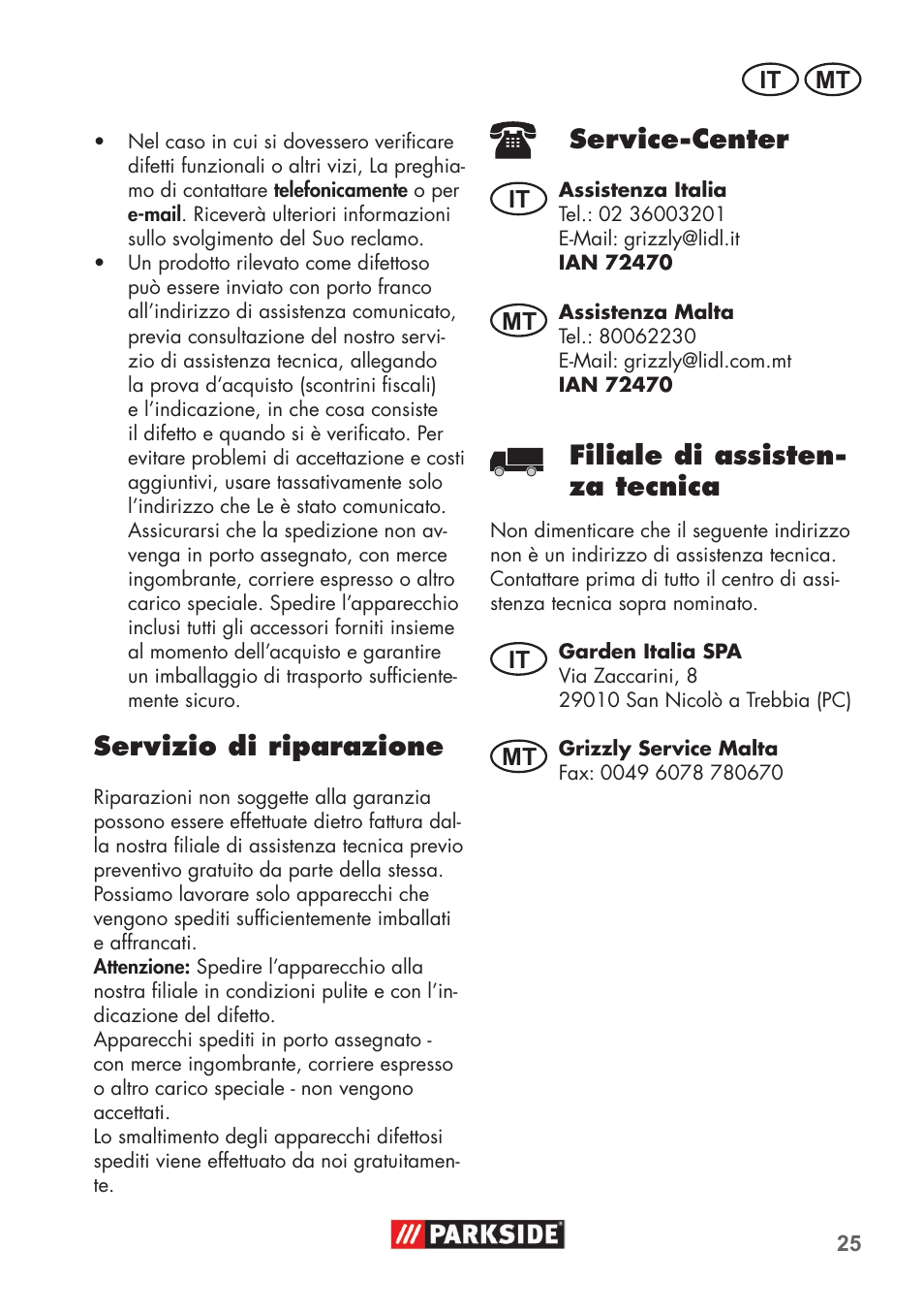 Servizio di riparazione, Service�center, Filiale di assisten� za tecnica | Parkside PHD 100 B2 User Manual | Page 25 / 68