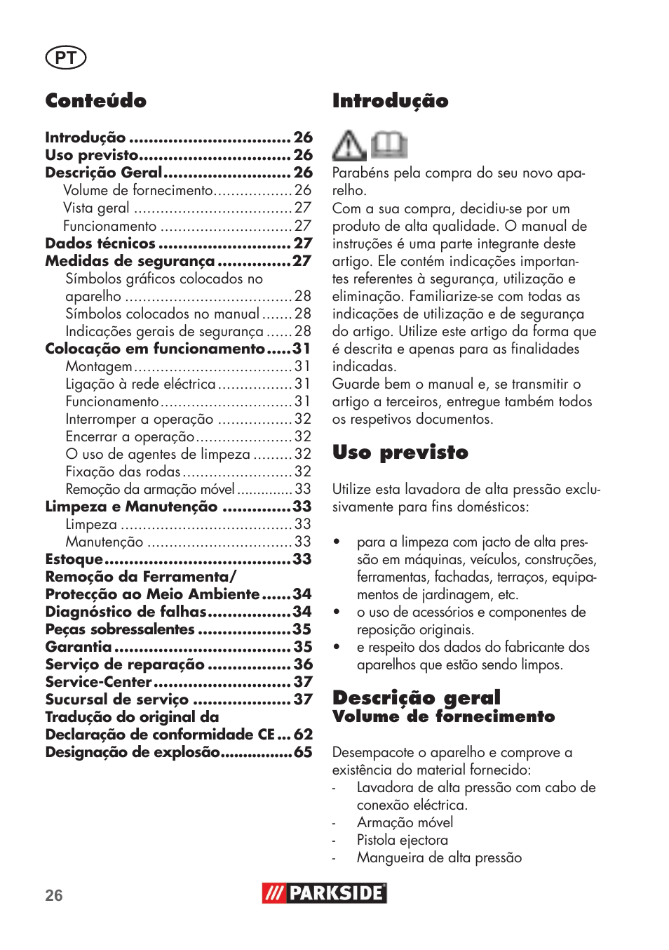 Introdução, Uso previsto, Descrição geral | Conteúdo | Parkside PHD 100 B2 User Manual | Page 26 / 68