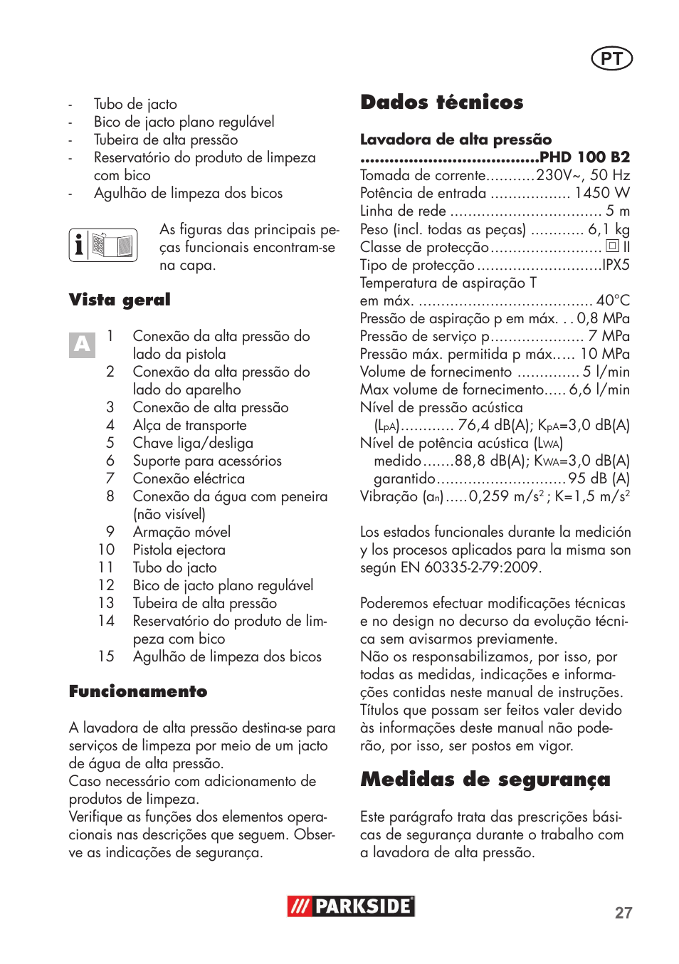 Dados técnicos, Edidas de segurança | Parkside PHD 100 B2 User Manual | Page 27 / 68