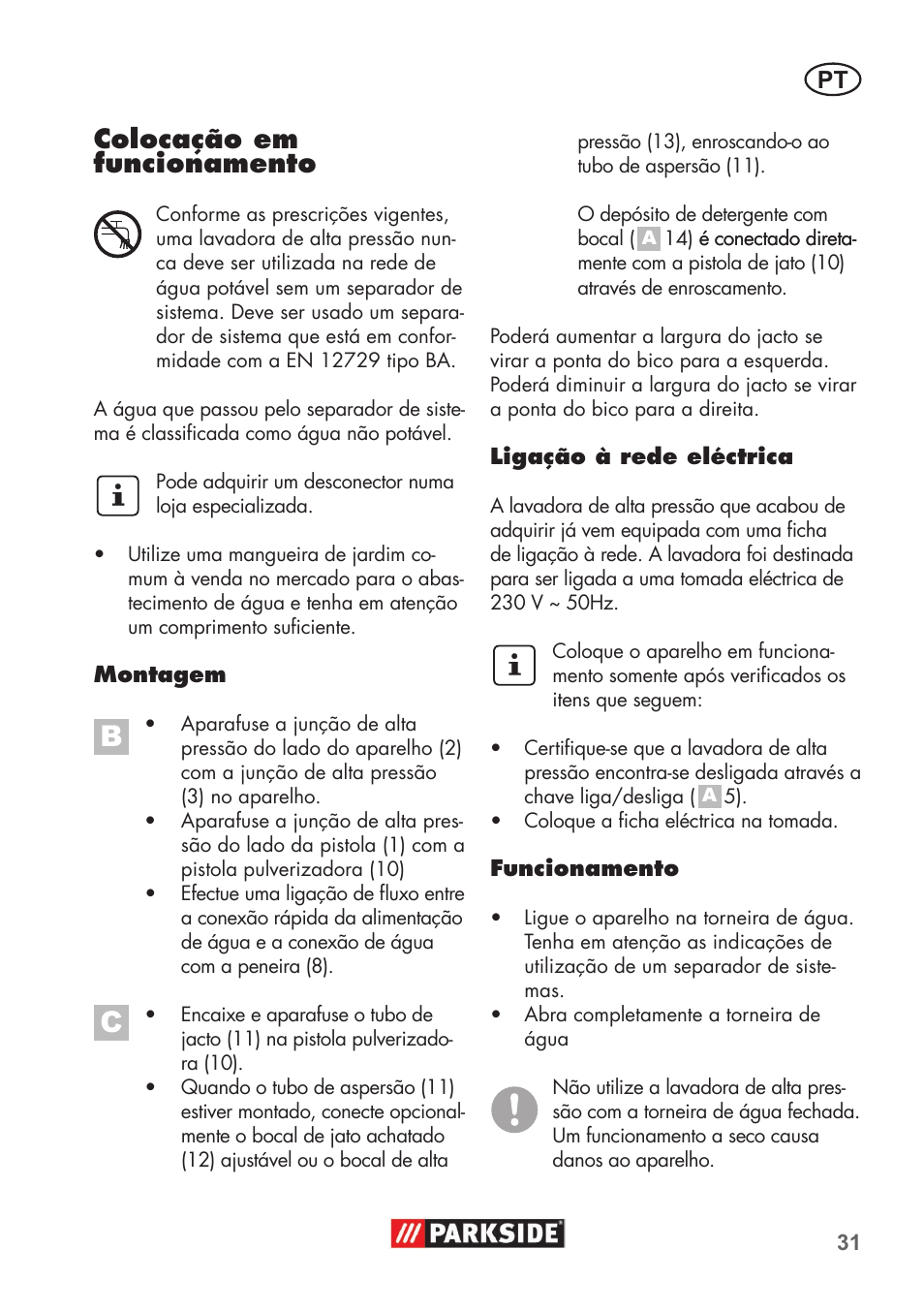 Colocação em funcionamento | Parkside PHD 100 B2 User Manual | Page 31 / 68