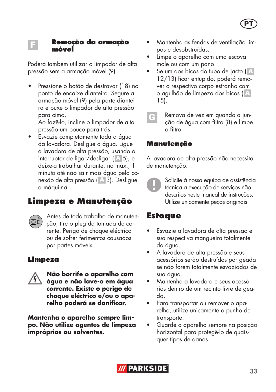 Limpeza e �anutenção, Estoque | Parkside PHD 100 B2 User Manual | Page 33 / 68