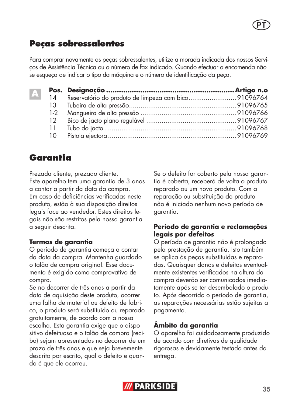 Garantia, Peças sobressalentes | Parkside PHD 100 B2 User Manual | Page 35 / 68