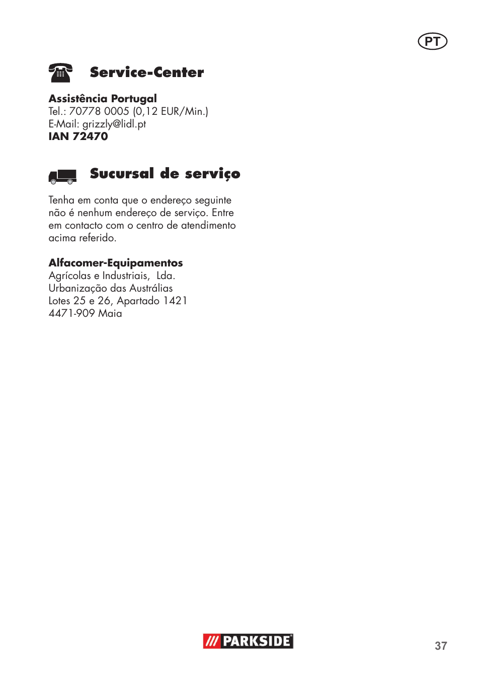 Service�center, Sucursal de serviço | Parkside PHD 100 B2 User Manual | Page 37 / 68