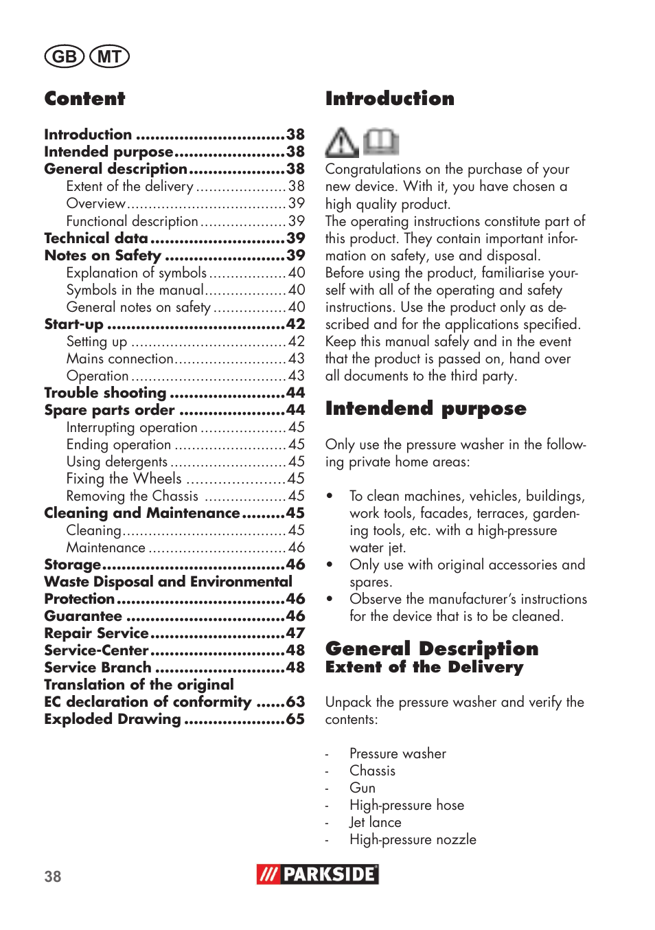 Introduction, Intendend purpose, General description | Content, Gb mt | Parkside PHD 100 B2 User Manual | Page 38 / 68