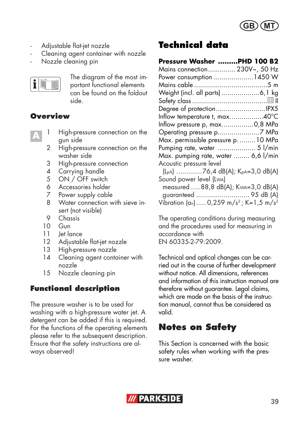 Technical data, Mt gb | Parkside PHD 100 B2 User Manual | Page 39 / 68