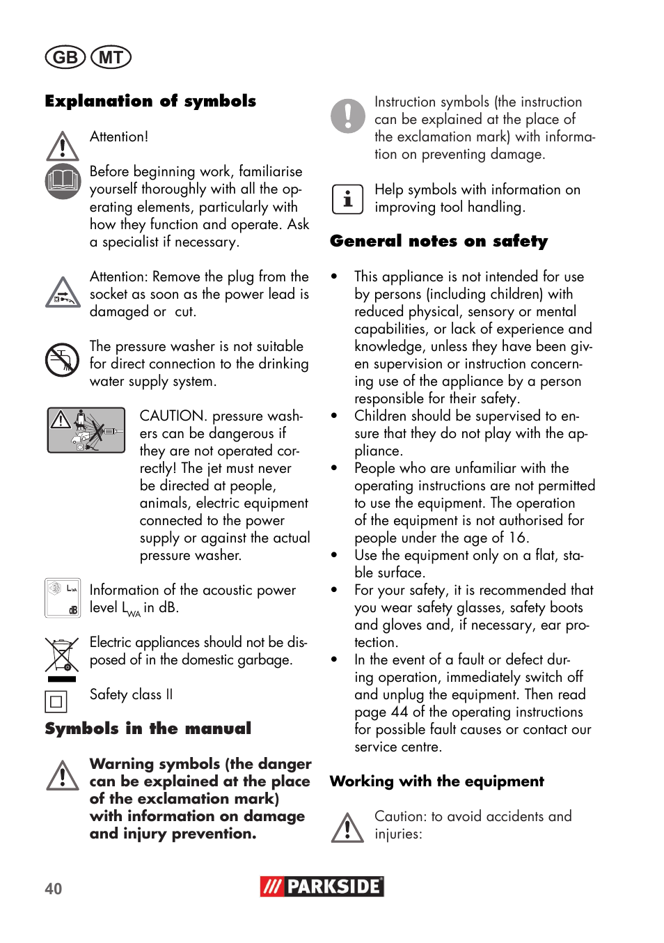 Gb mt | Parkside PHD 100 B2 User Manual | Page 40 / 68