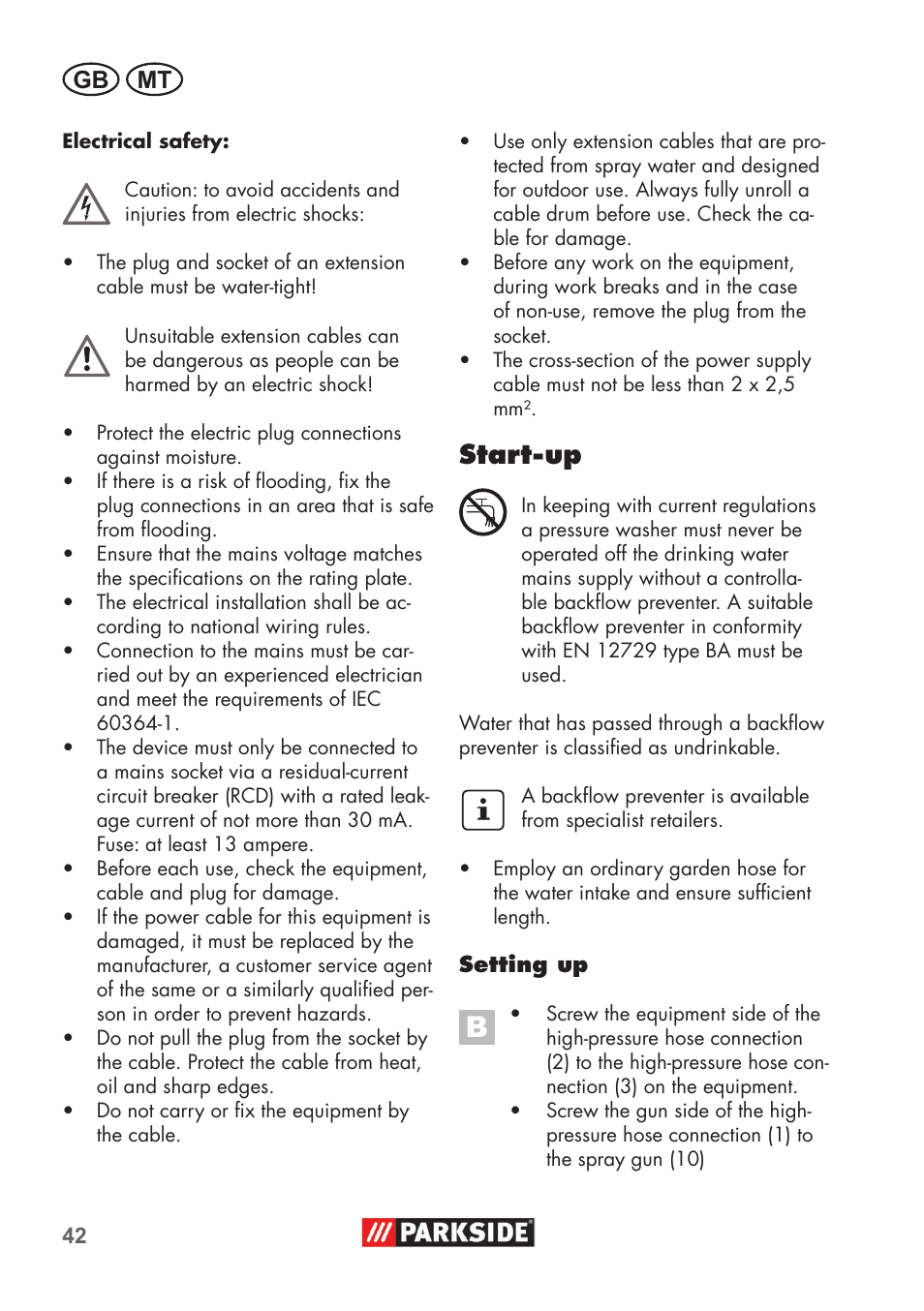 Start�up, Gb mt | Parkside PHD 100 B2 User Manual | Page 42 / 68