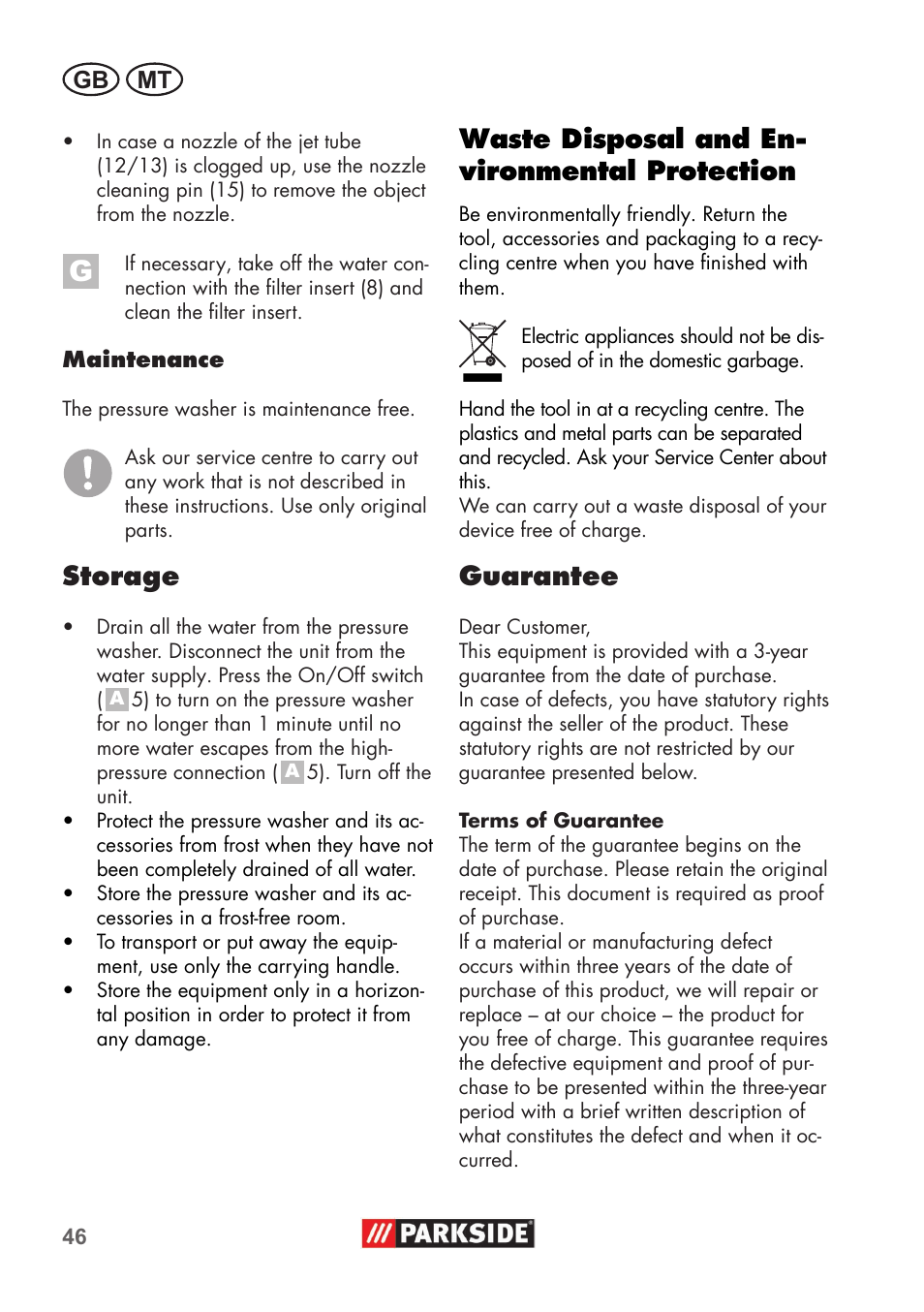 Waste disposal and en� vironmental protection, Guarantee, Storage | Parkside PHD 100 B2 User Manual | Page 46 / 68