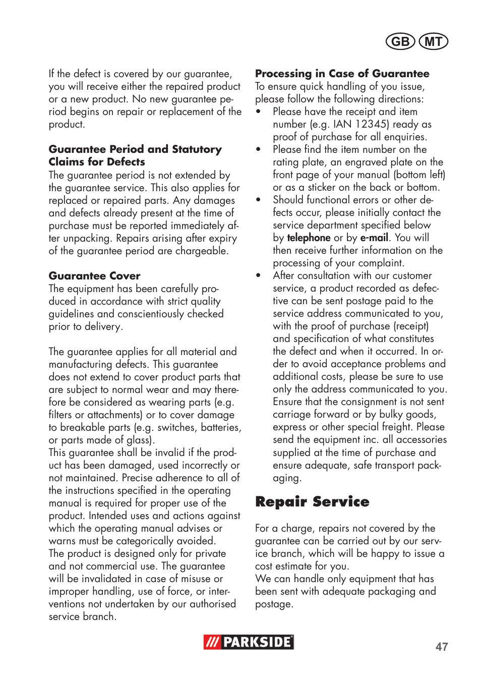 Repair service, Mt gb | Parkside PHD 100 B2 User Manual | Page 47 / 68