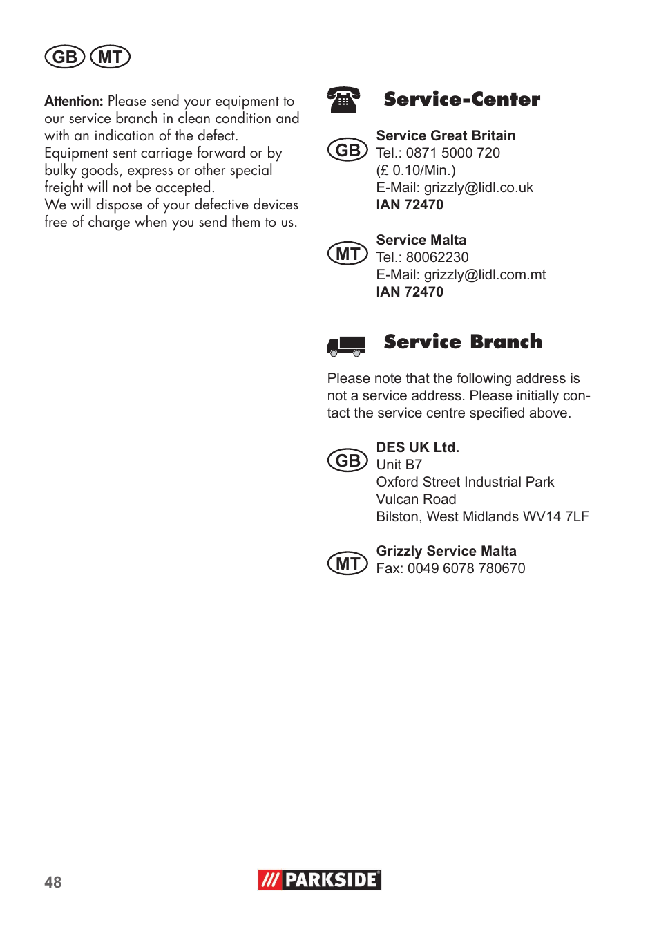 Service�center, Service branch | Parkside PHD 100 B2 User Manual | Page 48 / 68