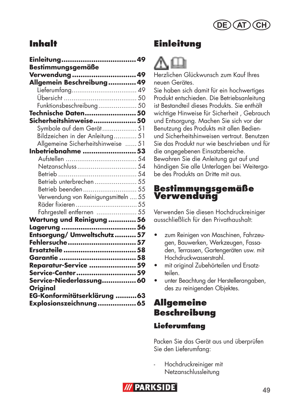 Verwendung, Einleitung, Bestimmungsgemäße | Allgemeine beschreibung, Inhalt | Parkside PHD 100 B2 User Manual | Page 49 / 68