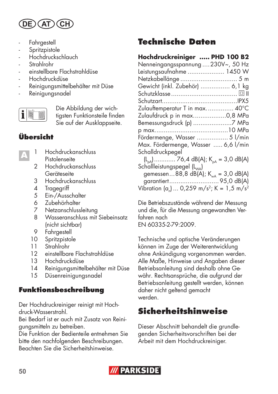 Technische daten, Sicherheitshinweise, De at ch | Parkside PHD 100 B2 User Manual | Page 50 / 68