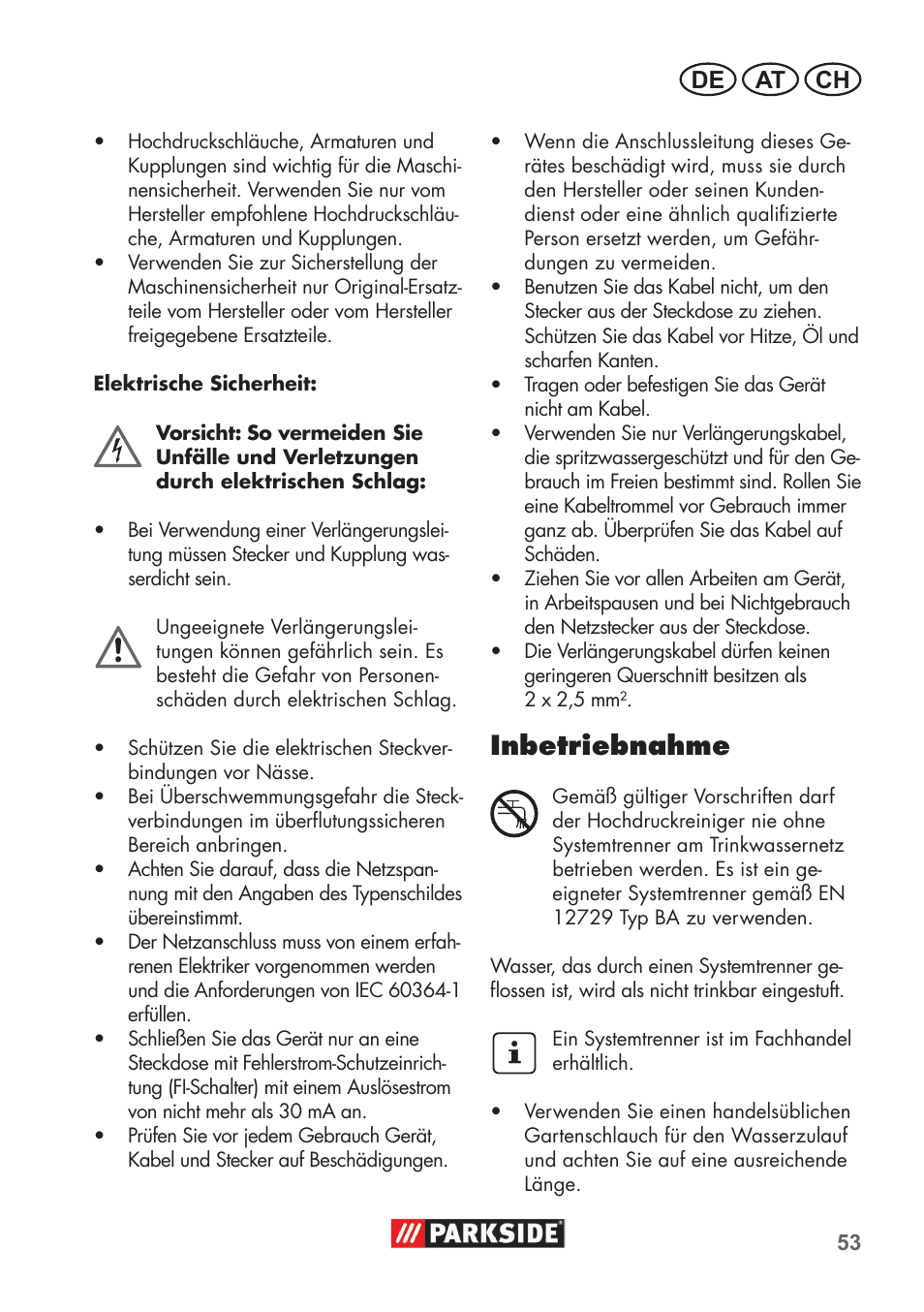 Inbetriebnahme, De at ch | Parkside PHD 100 B2 User Manual | Page 53 / 68