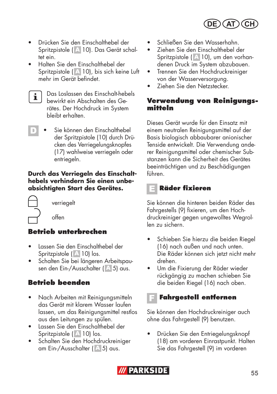 De at ch | Parkside PHD 100 B2 User Manual | Page 55 / 68