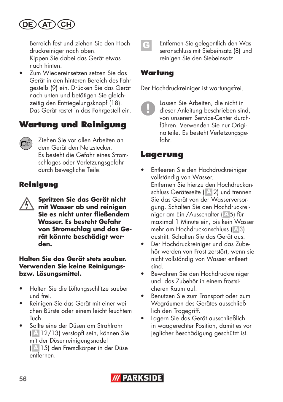 Wartung und reinigung, Lagerung, De at ch | Parkside PHD 100 B2 User Manual | Page 56 / 68