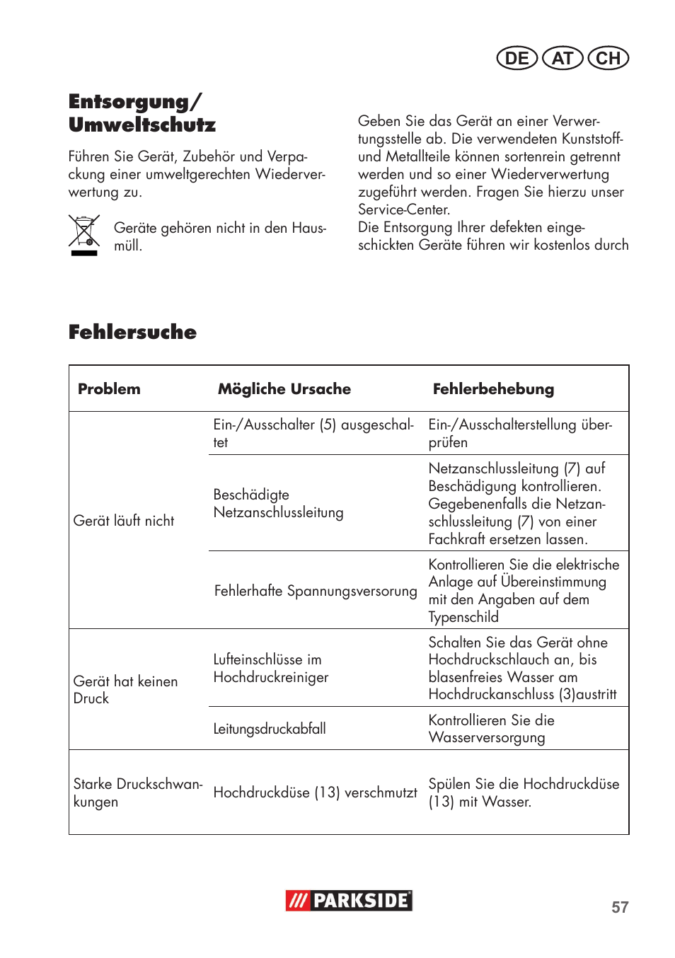 Entsorgung/ umweltschutz, Fehlersuche, De at ch | Parkside PHD 100 B2 User Manual | Page 57 / 68