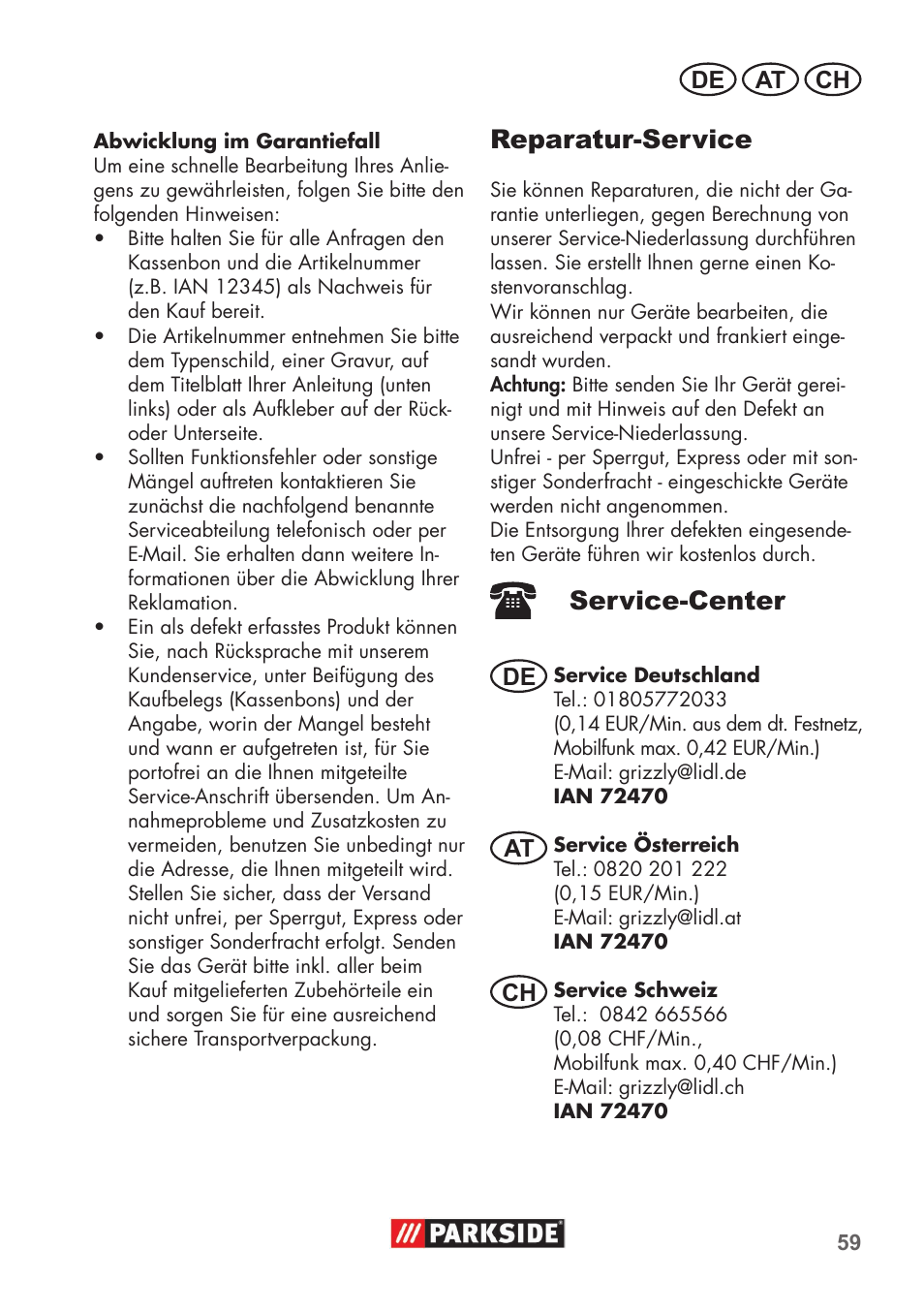 Reparatur-service, Service-center, De at ch | Parkside PHD 100 B2 User Manual | Page 59 / 68