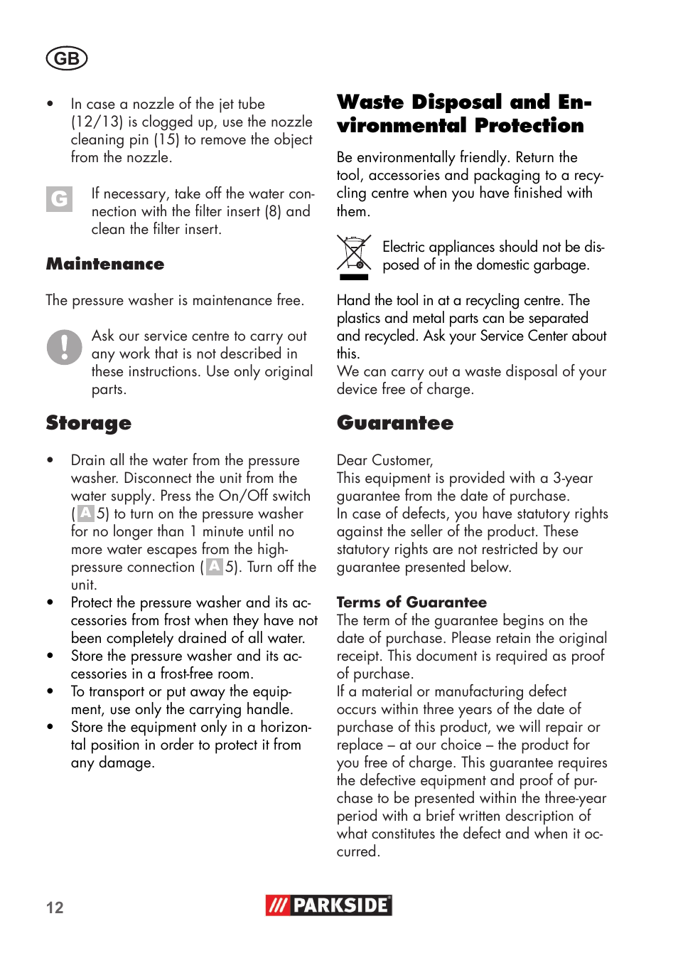 Waste disposal and en- vironmental protection, Guarantee, Storage | Parkside PHD 100 B2 User Manual | Page 12 / 88