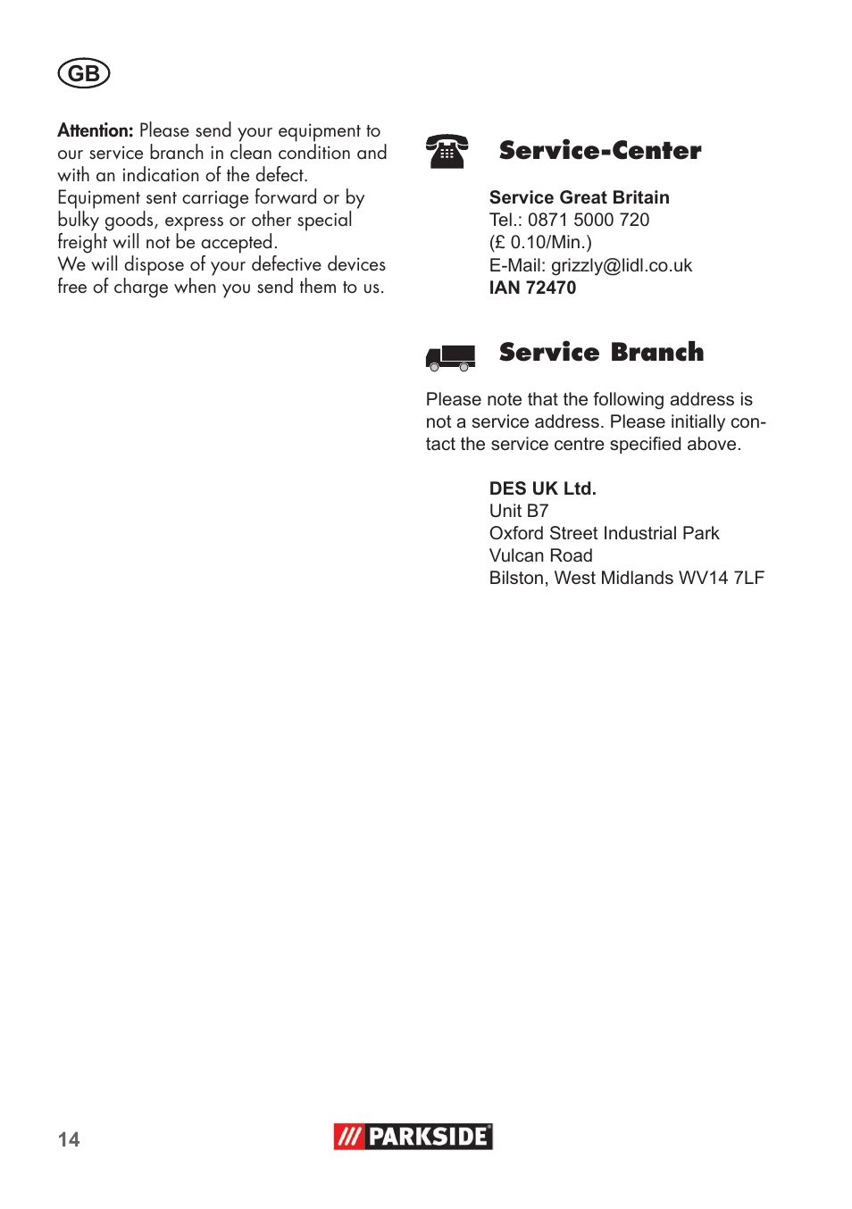 Service-center, Service branch | Parkside PHD 100 B2 User Manual | Page 14 / 88