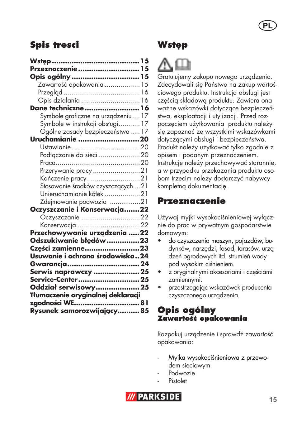 Wstęp, Przeznaczenie, Opis ogólny | Spis tresci | Parkside PHD 100 B2 User Manual | Page 15 / 88