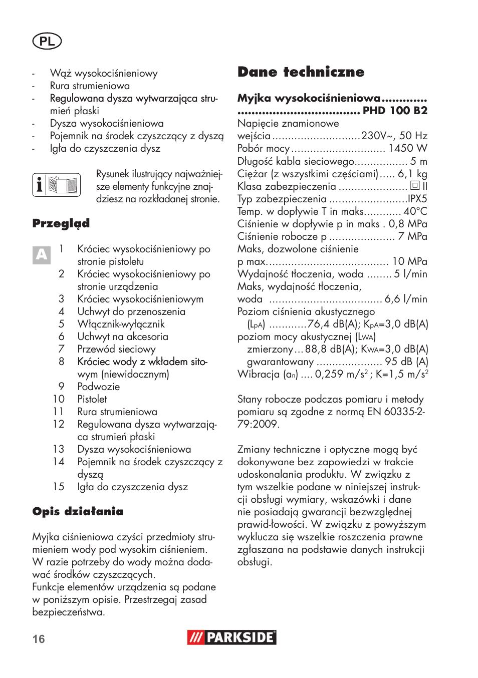 Dane techniczne | Parkside PHD 100 B2 User Manual | Page 16 / 88