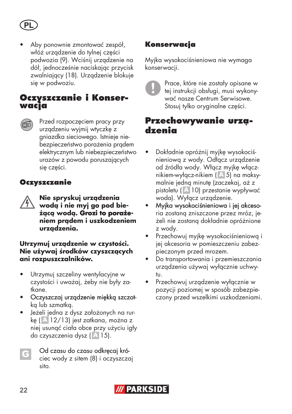 Oczyszczanie i konser- wacja, Przechowywanie urzą- dzenia | Parkside PHD 100 B2 User Manual | Page 22 / 88