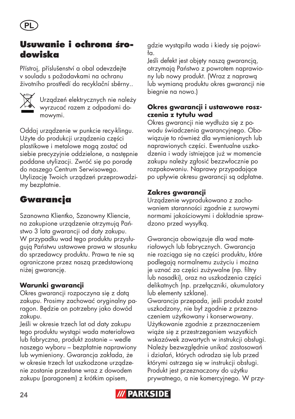 Usuwanie i ochrona śro- dowiska, Gwarancja | Parkside PHD 100 B2 User Manual | Page 24 / 88