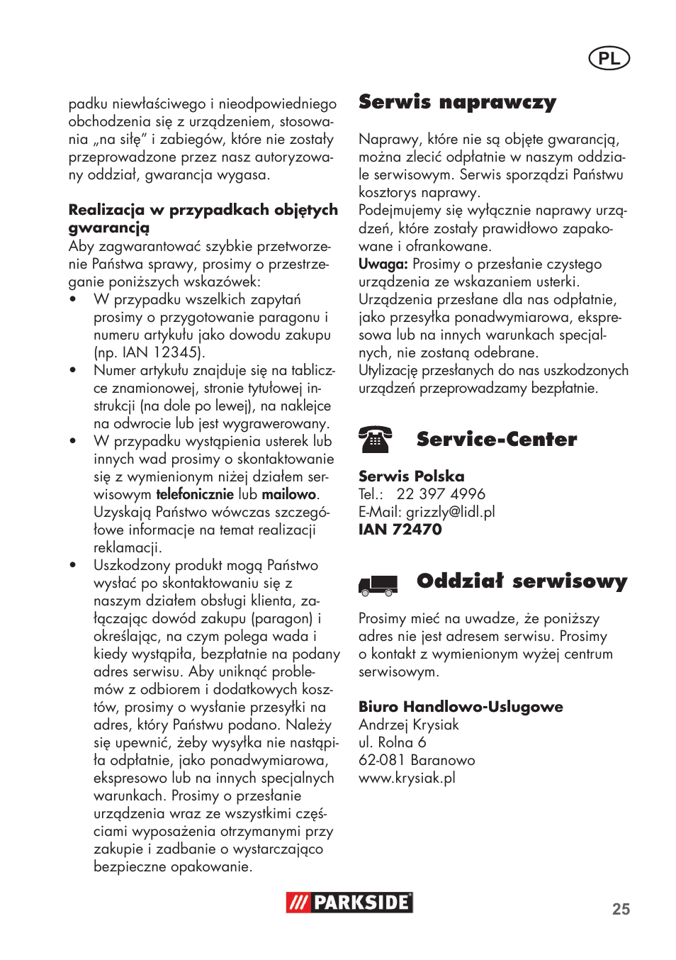 Serwis naprawczy, Service-center, Oddział serwisowy | Parkside PHD 100 B2 User Manual | Page 25 / 88