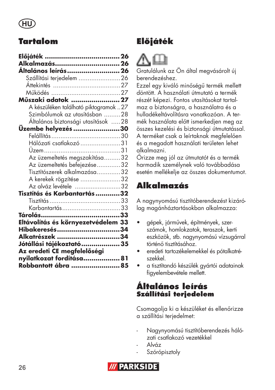 Előjáték, Alkalmazás, Általános leírás | Tartalom | Parkside PHD 100 B2 User Manual | Page 26 / 88