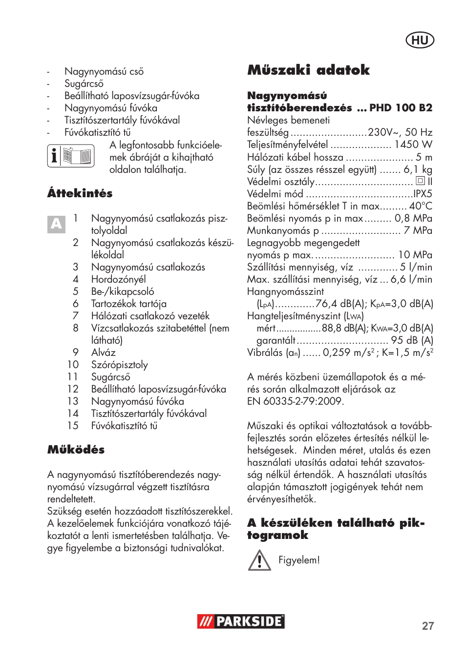 Műszaki adatok | Parkside PHD 100 B2 User Manual | Page 27 / 88