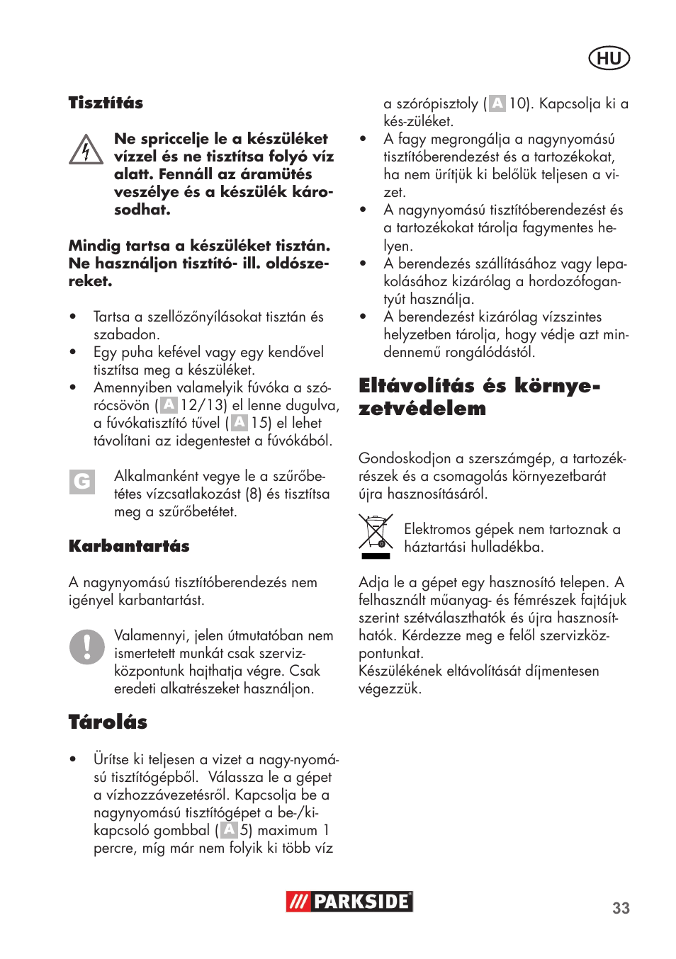 Tárolás, Eltávolítás és környe- zetvédelem | Parkside PHD 100 B2 User Manual | Page 33 / 88