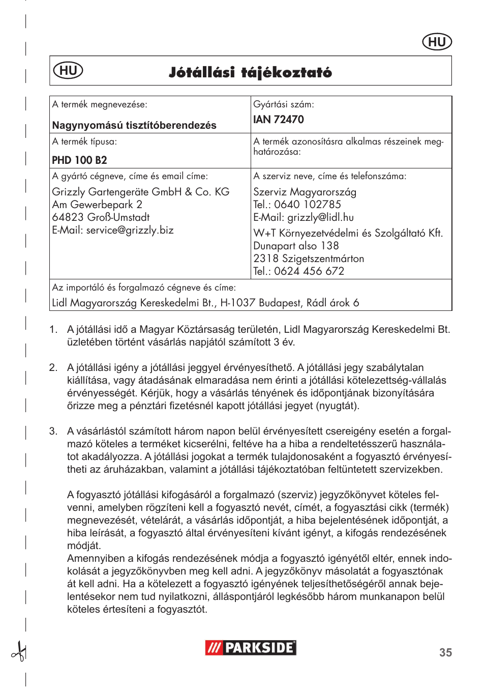 Jótállási tájékoztató | Parkside PHD 100 B2 User Manual | Page 35 / 88