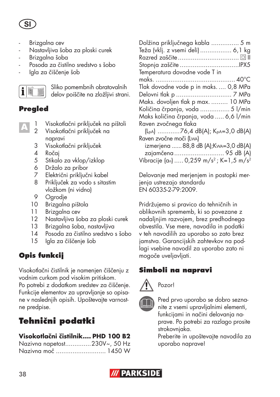 Tehnični podatki | Parkside PHD 100 B2 User Manual | Page 38 / 88