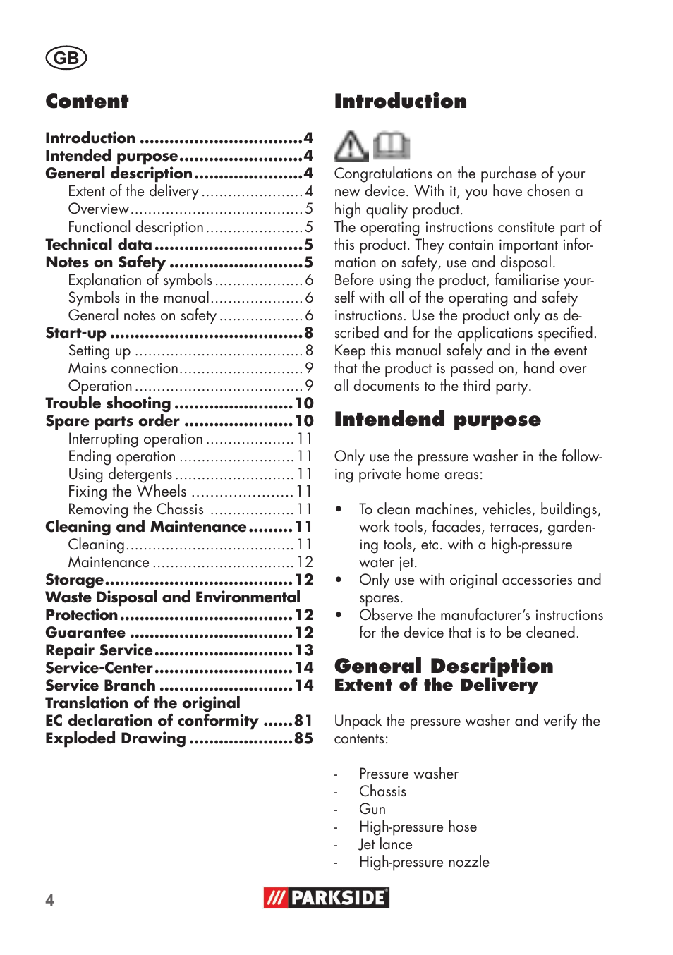 Introduction, Intendend purpose, General description | Content | Parkside PHD 100 B2 User Manual | Page 4 / 88